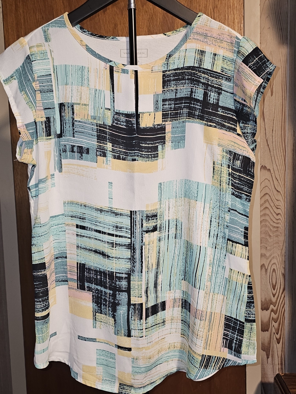Van Heusen Mint, Yellow & Black Abstract Cap-Sleeve Blouse